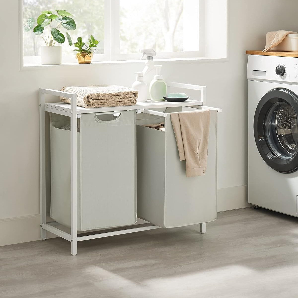 VASAGLE White Laundry Basket, 2 Compartments