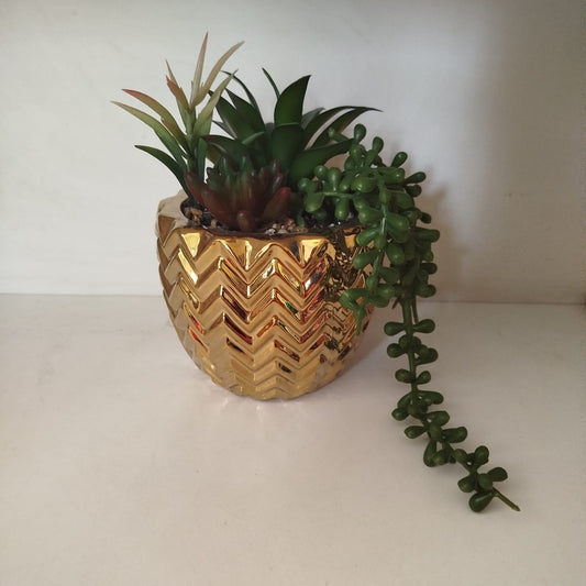 Artificial Succulent Arrangement in Fluted Gold Pot