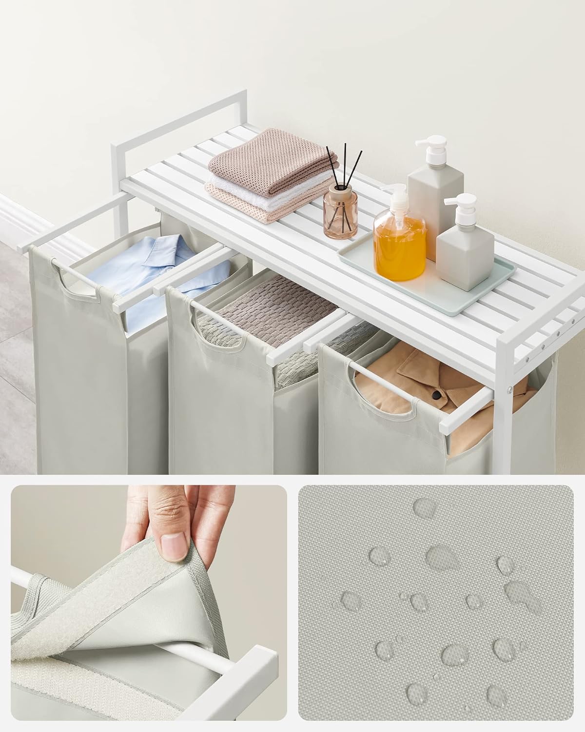 VASAGLE White Laundry Basket, 3 Compartments