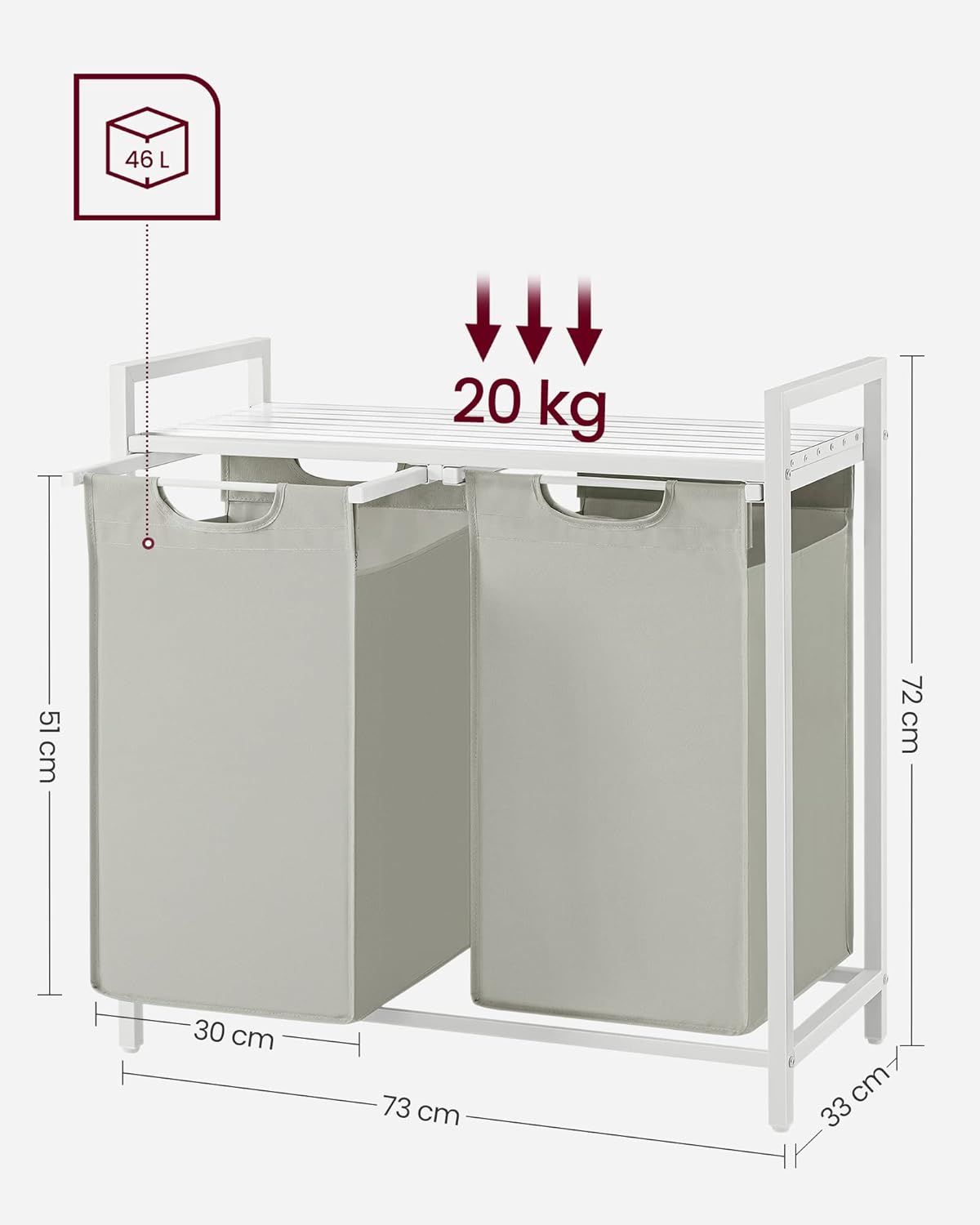 VASAGLE White Laundry Basket, 2 Compartments