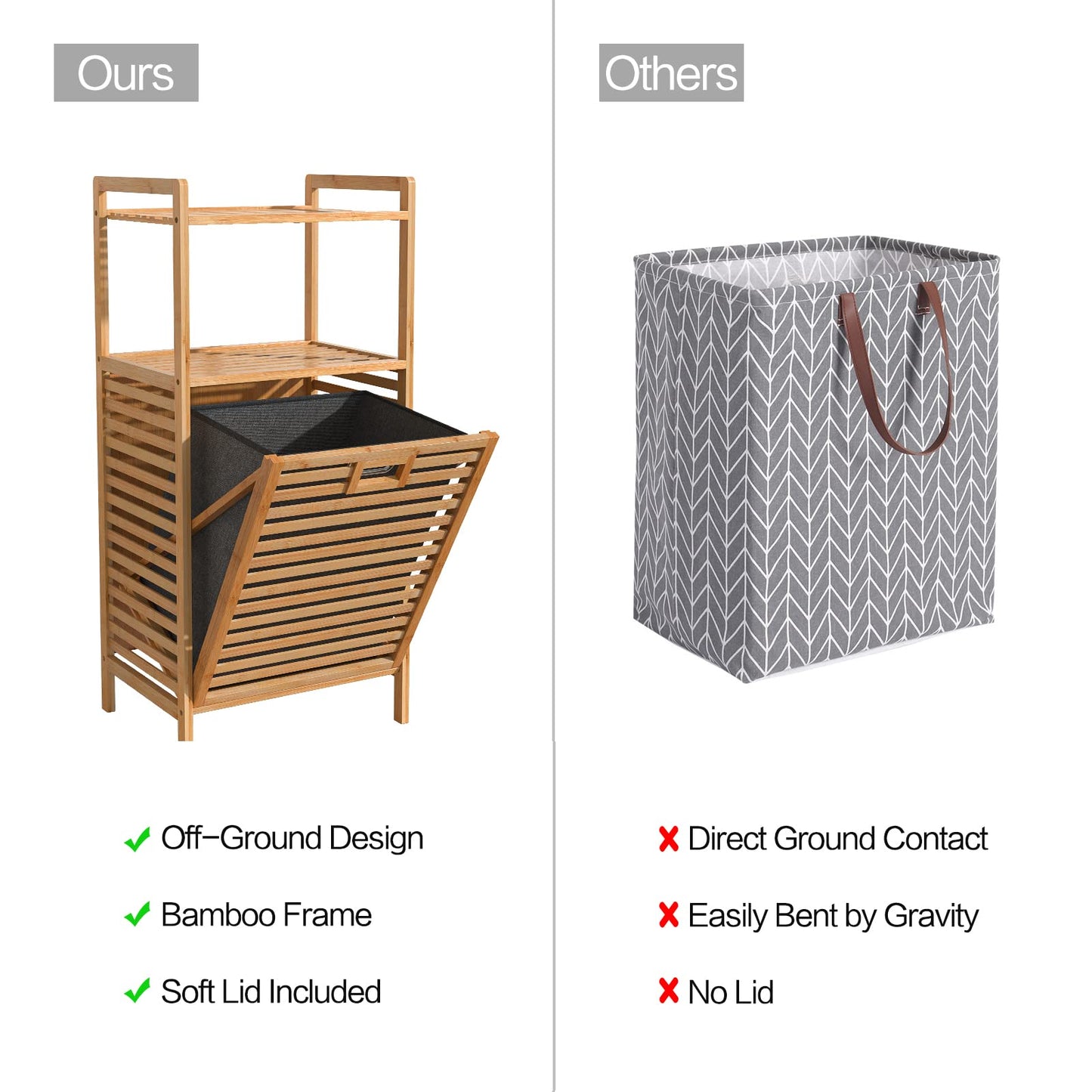 Bamboo Tilting Laundry Cabinet with Basket, Shelves and Handles for Clothes