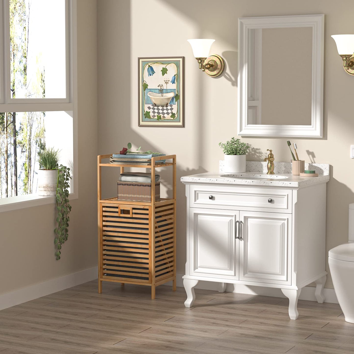 Bamboo Tilting Laundry Cabinet with Basket, Shelves and Handles for Clothes