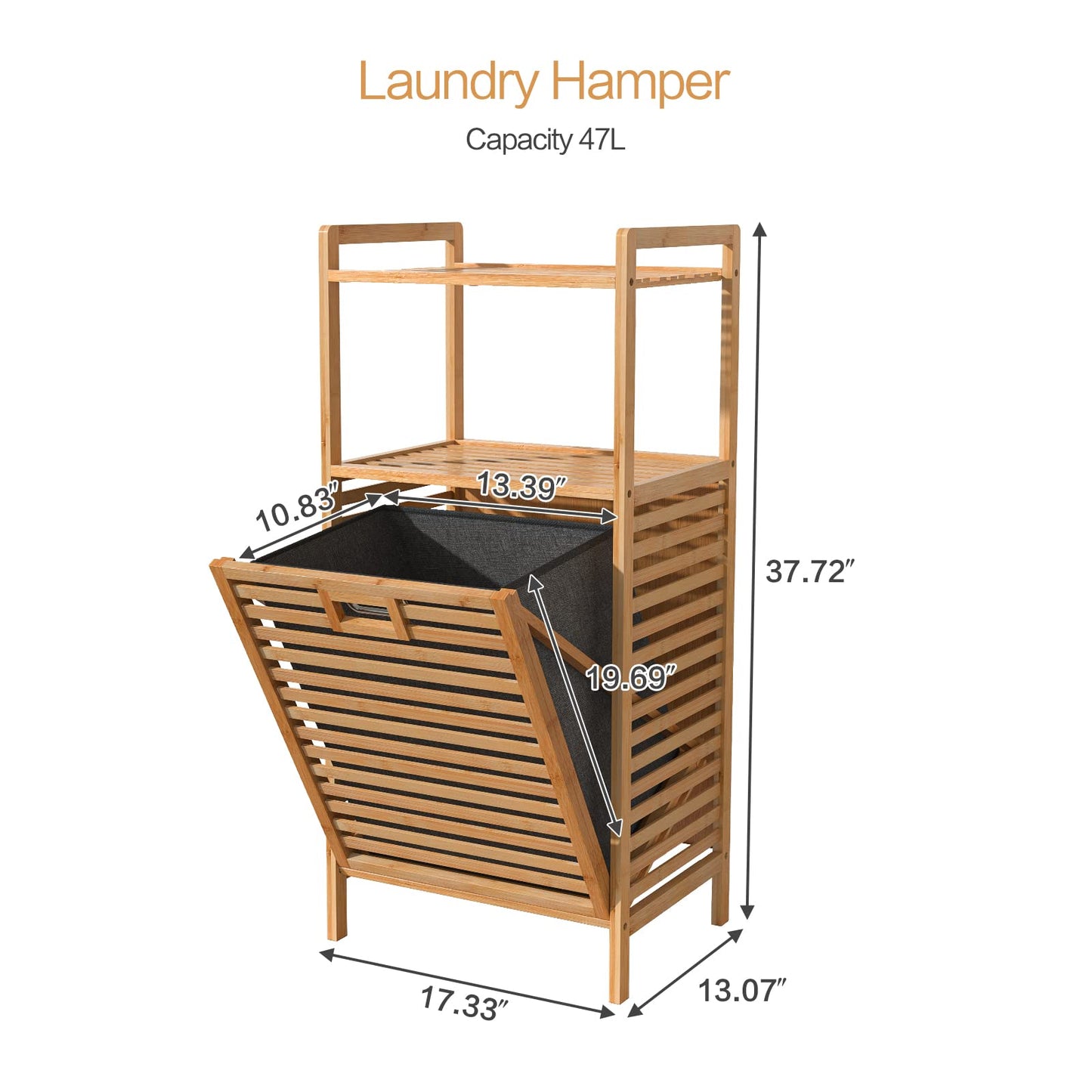 Bamboo Tilting Laundry Cabinet with Basket, Shelves and Handles for Clothes