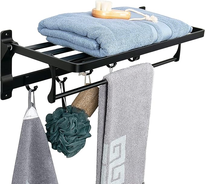 Foldable Double Towel Holder with Towel Bar and 5 Hooks