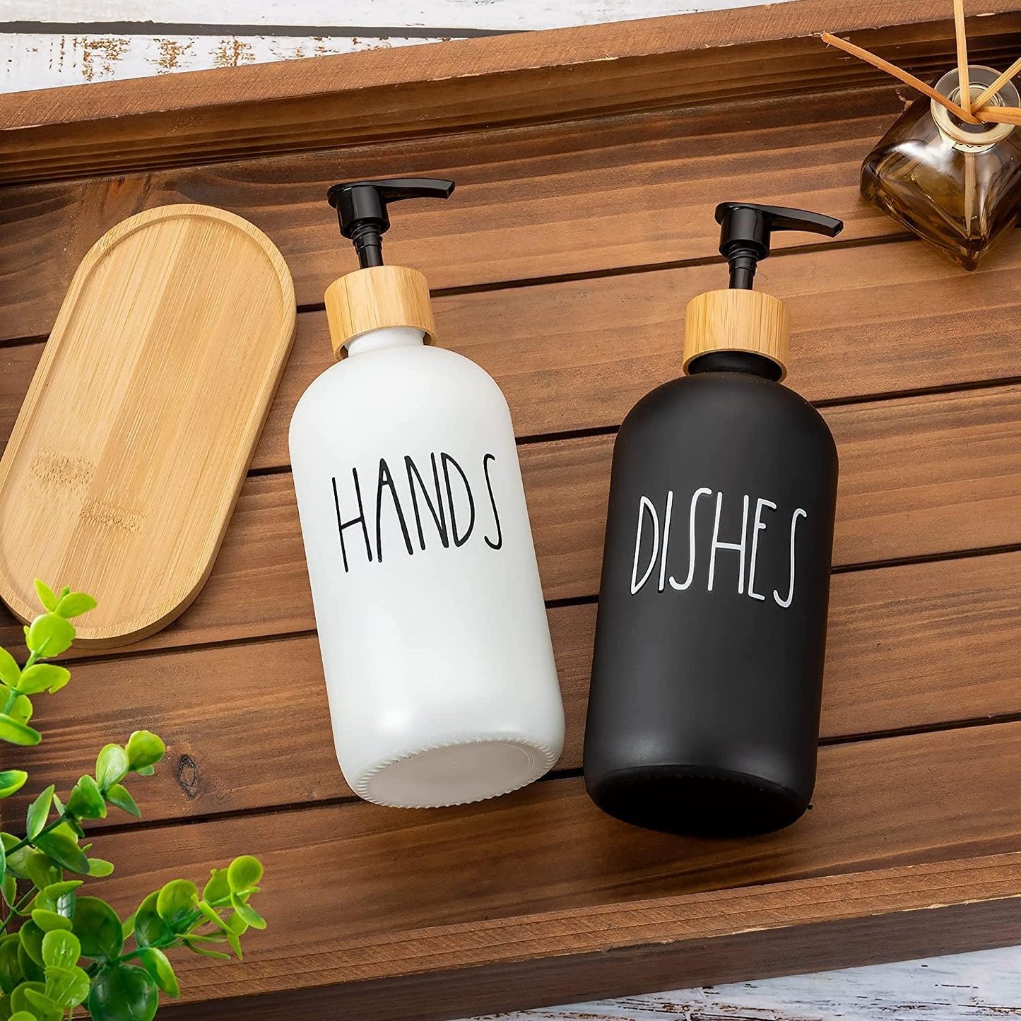 Set Of 2 Soap Dispenser with Bamboo tray