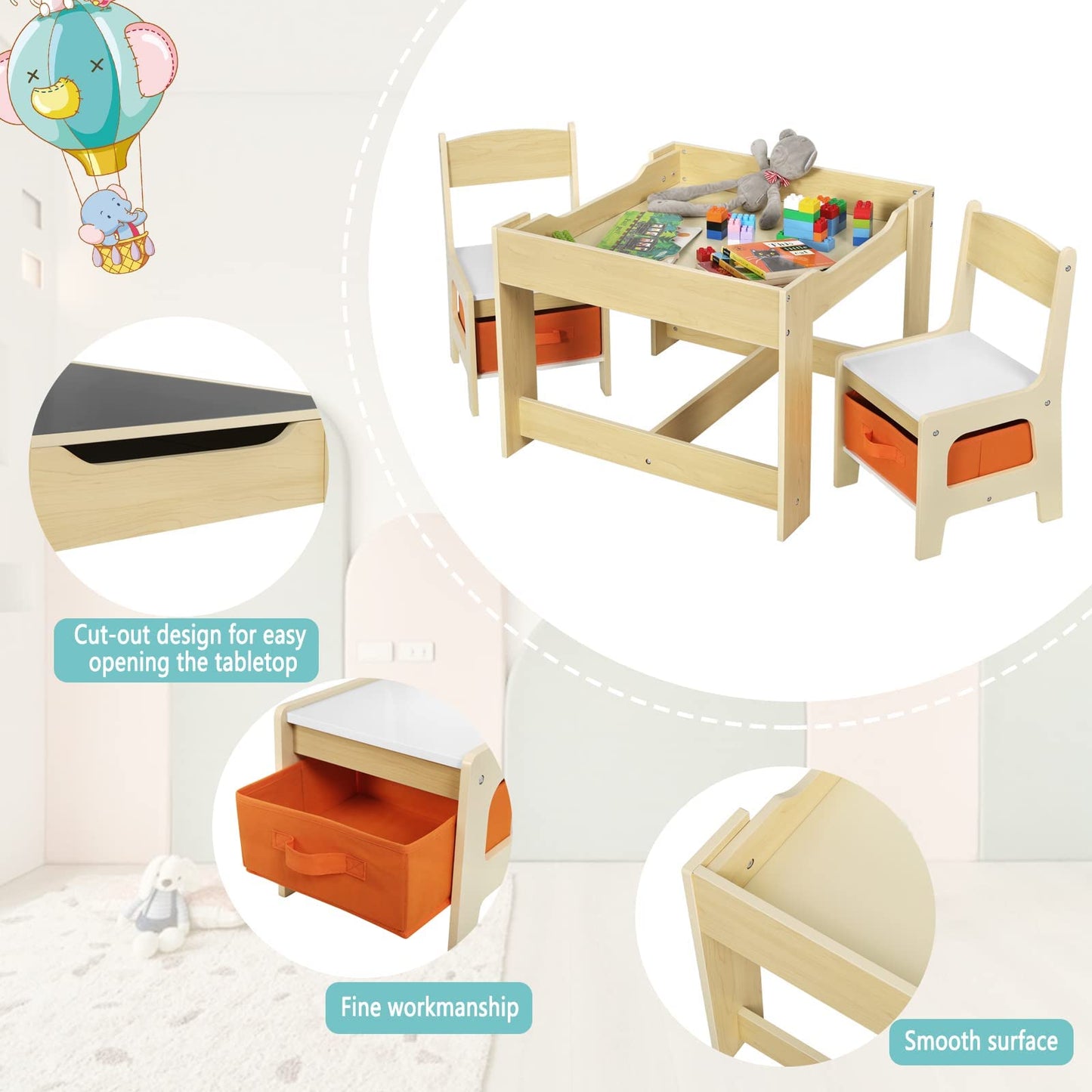 Children's Table + 2 Chairs with Storage Space for Preschool Children