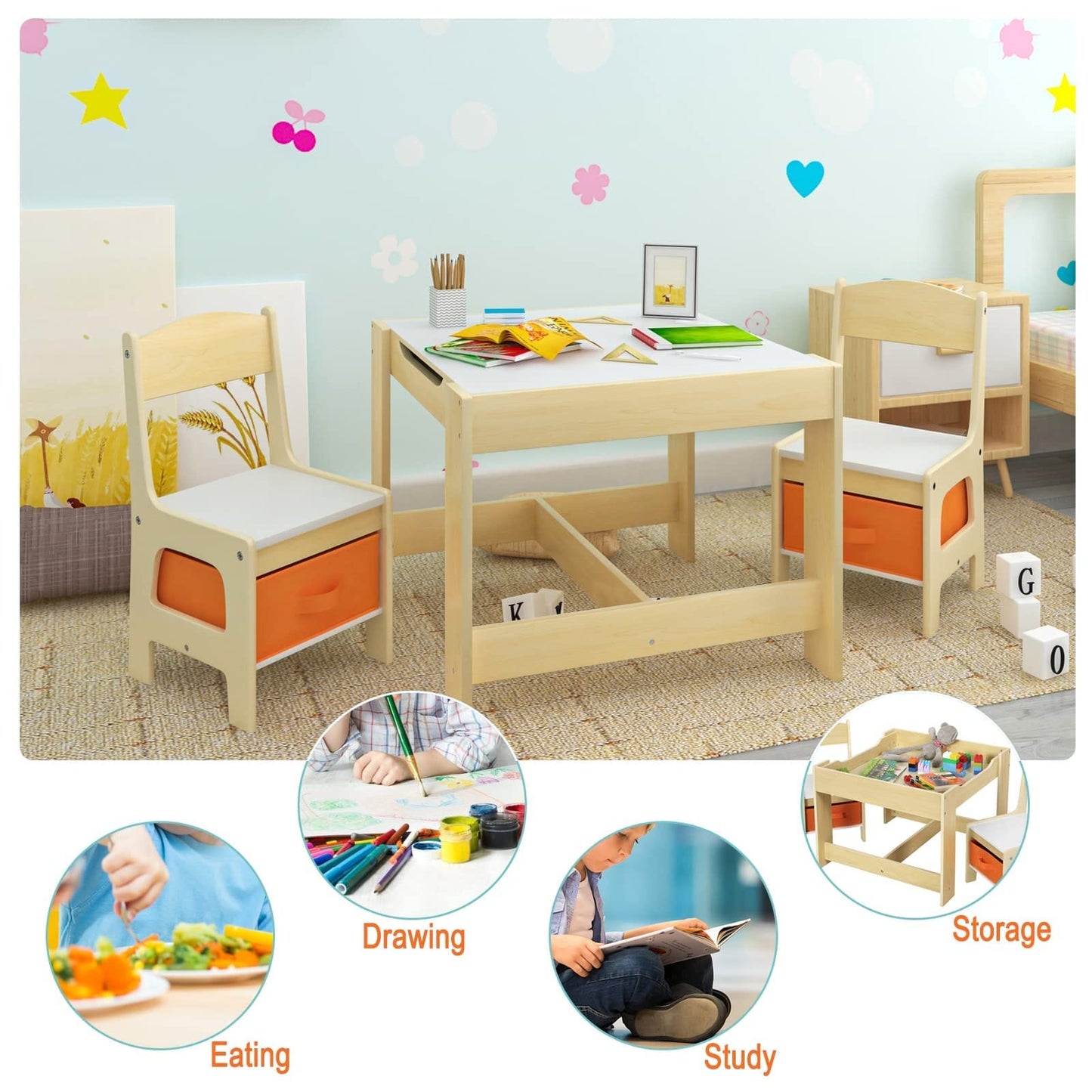 Children's Table + 2 Chairs with Storage Space for Preschool Children