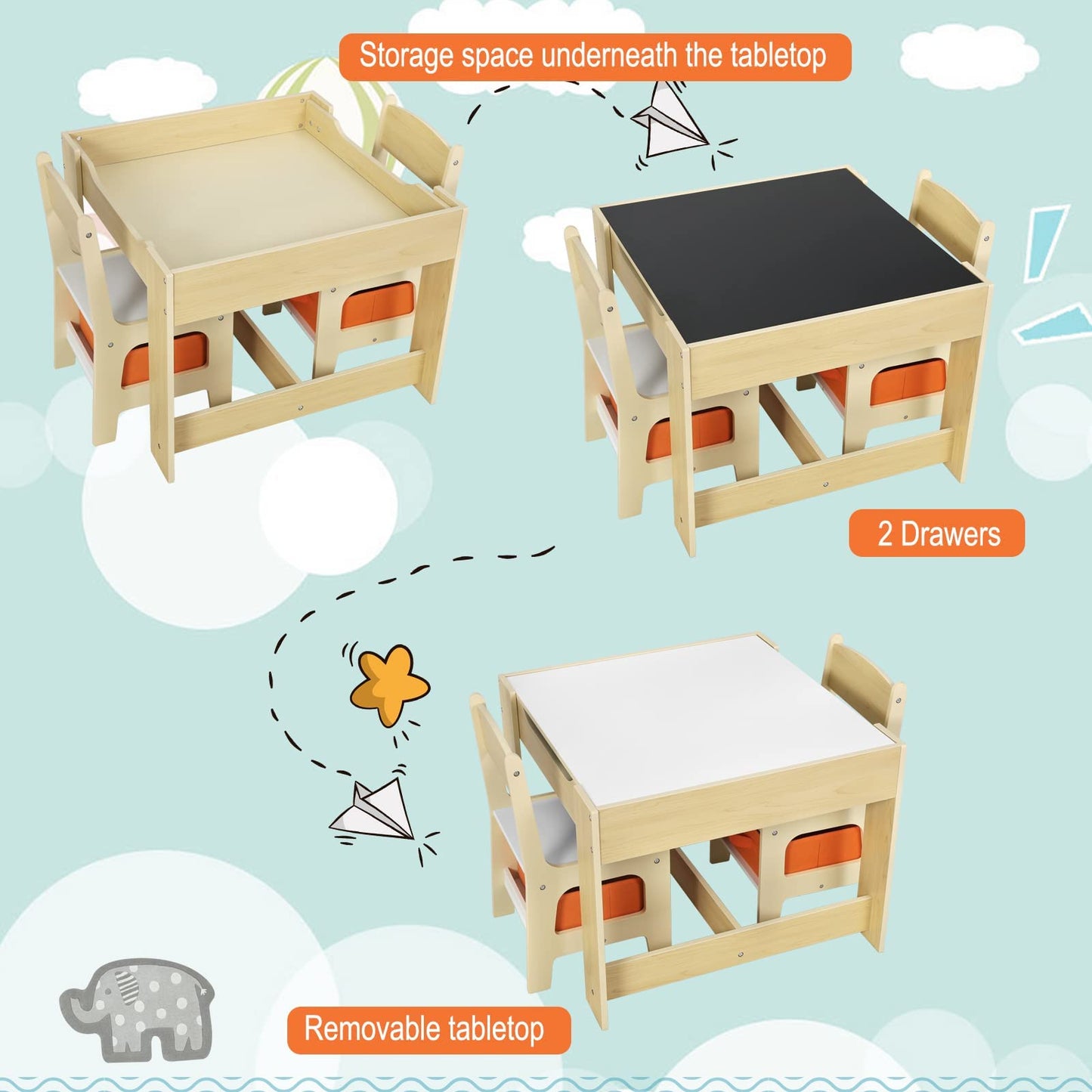 Children's Table + 2 Chairs with Storage Space for Preschool Children