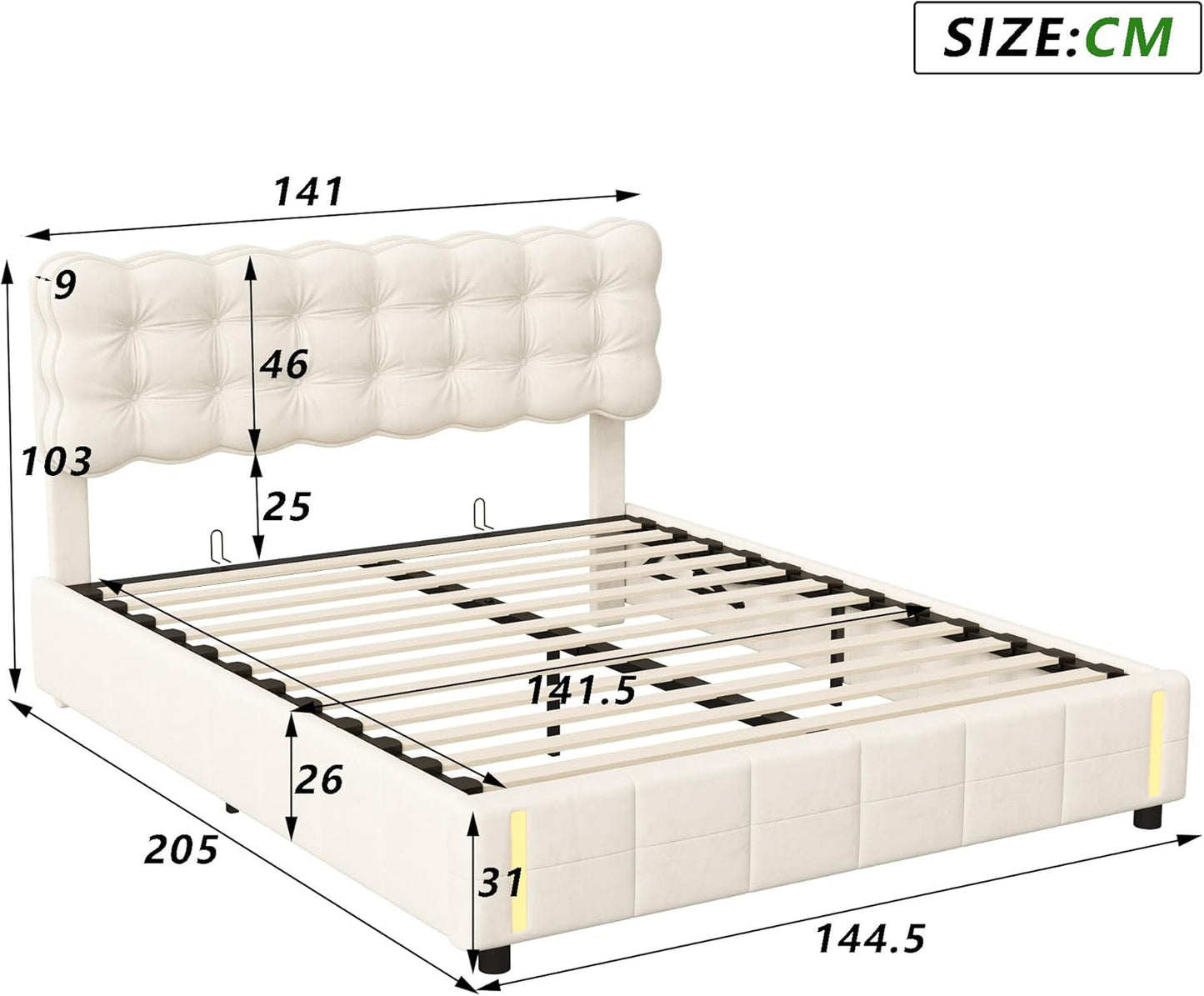 Bed with Storage and LED Light with Automatic Sensor