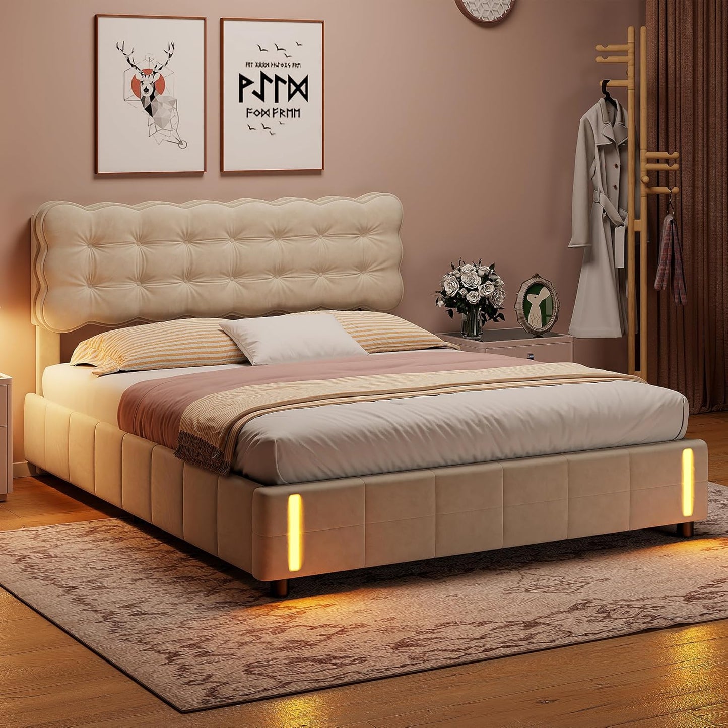 Bed with Storage and LED Light with Automatic Sensor