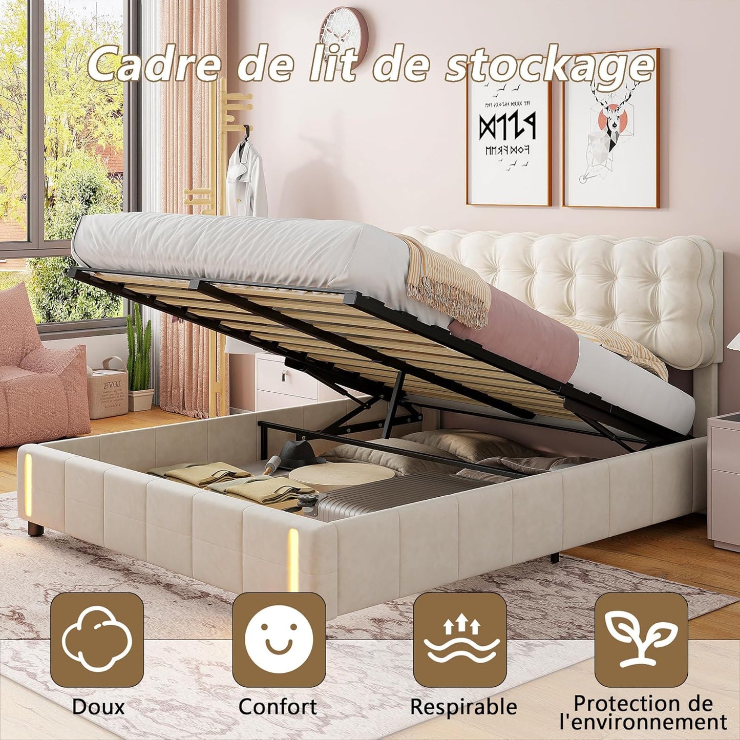 Bed with Storage and LED Light with Automatic Sensor