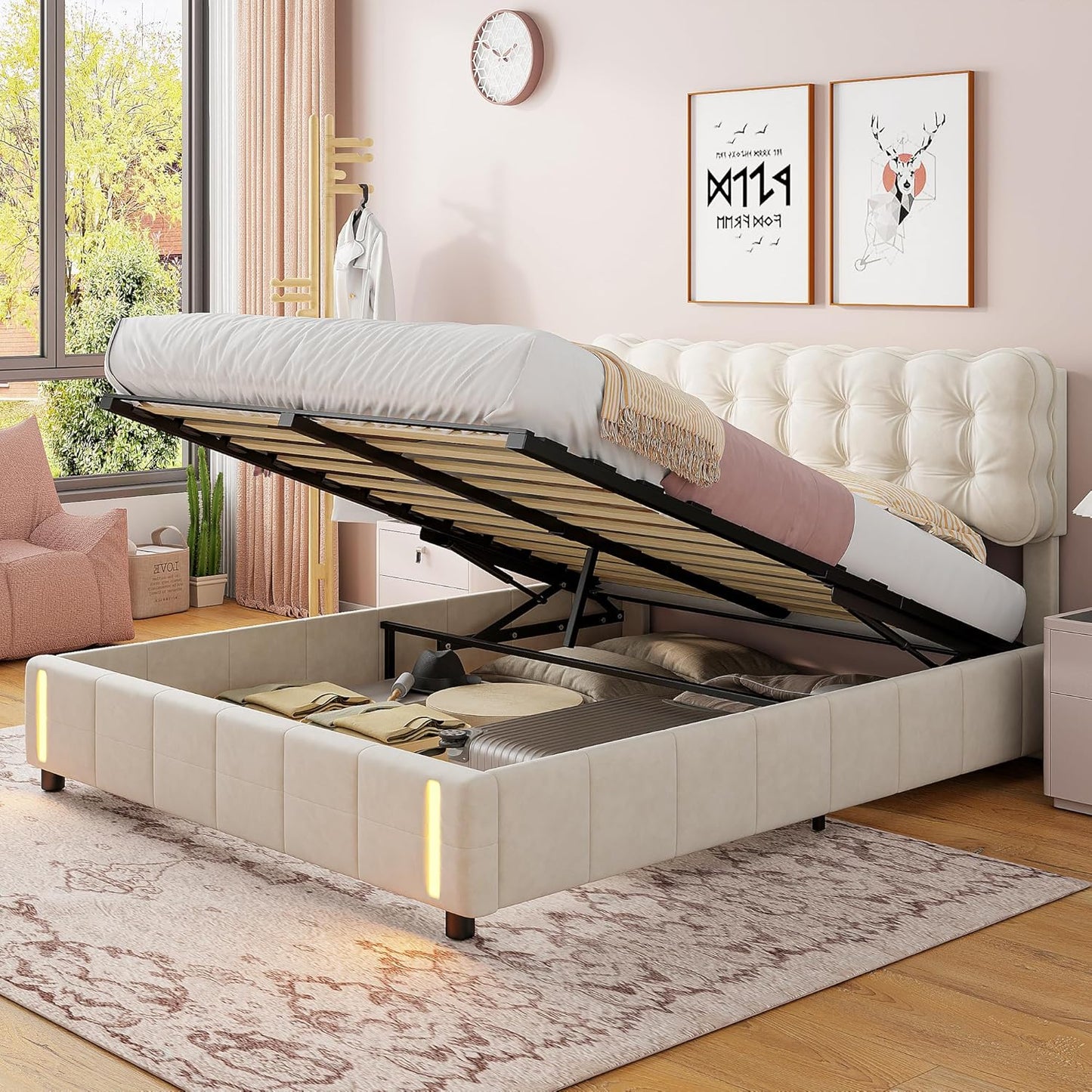 Bed with Storage and LED Light with Automatic Sensor
