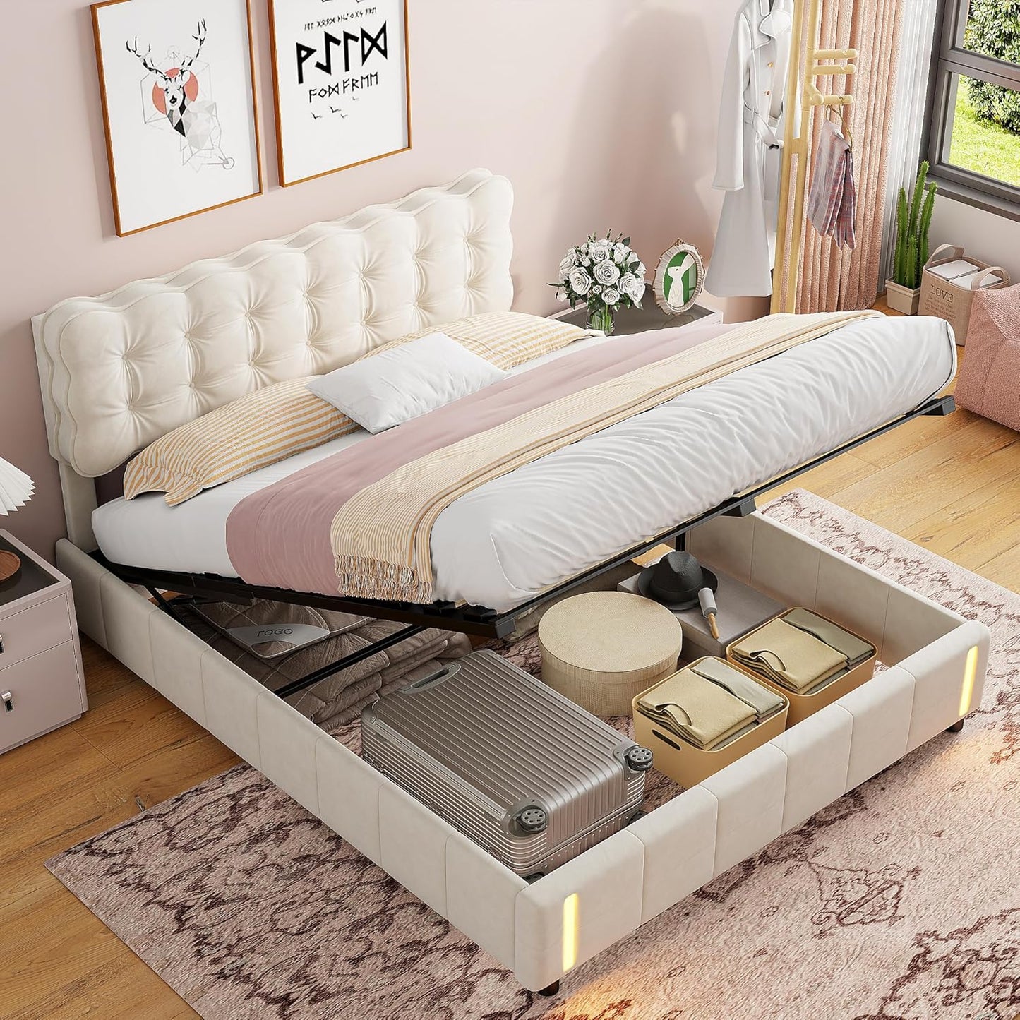 Bed with Storage and LED Light with Automatic Sensor