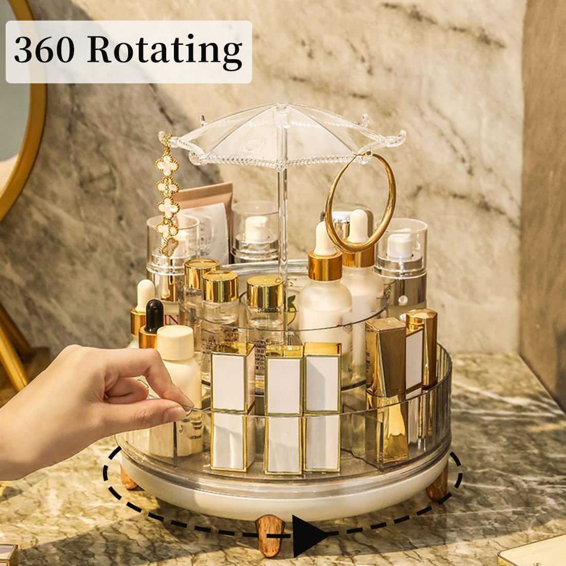 360 Rotating Makeup Organiser with Jewelry Towers Tray