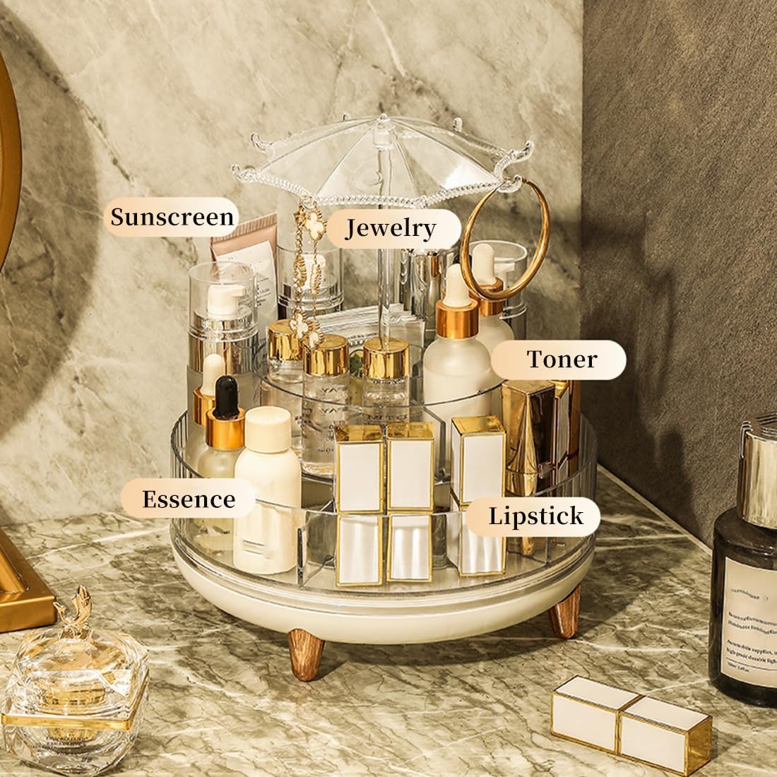 360 Rotating Makeup Organiser with Jewelry Towers Tray
