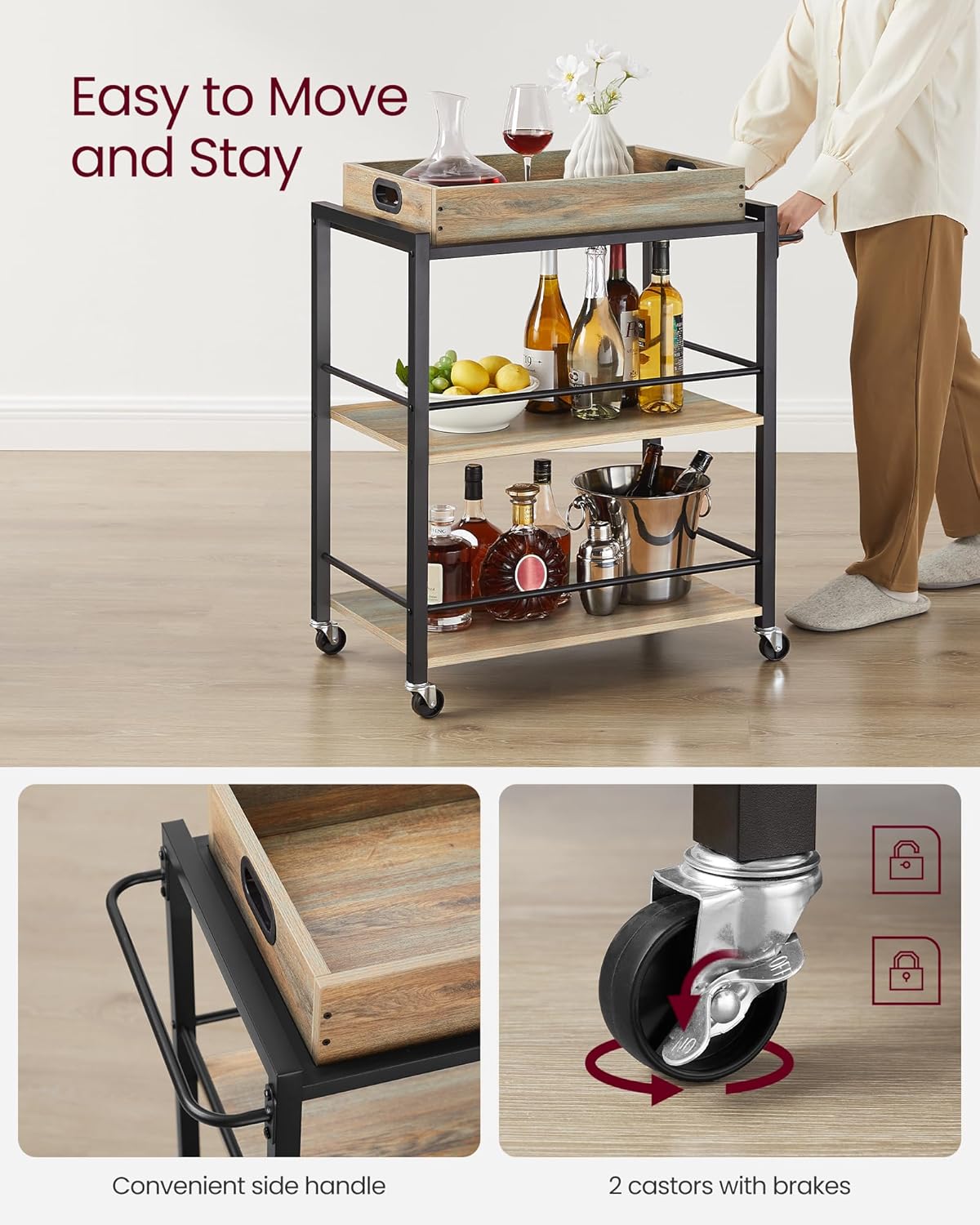 VASAGLE Serving Cart with Removable Tray,