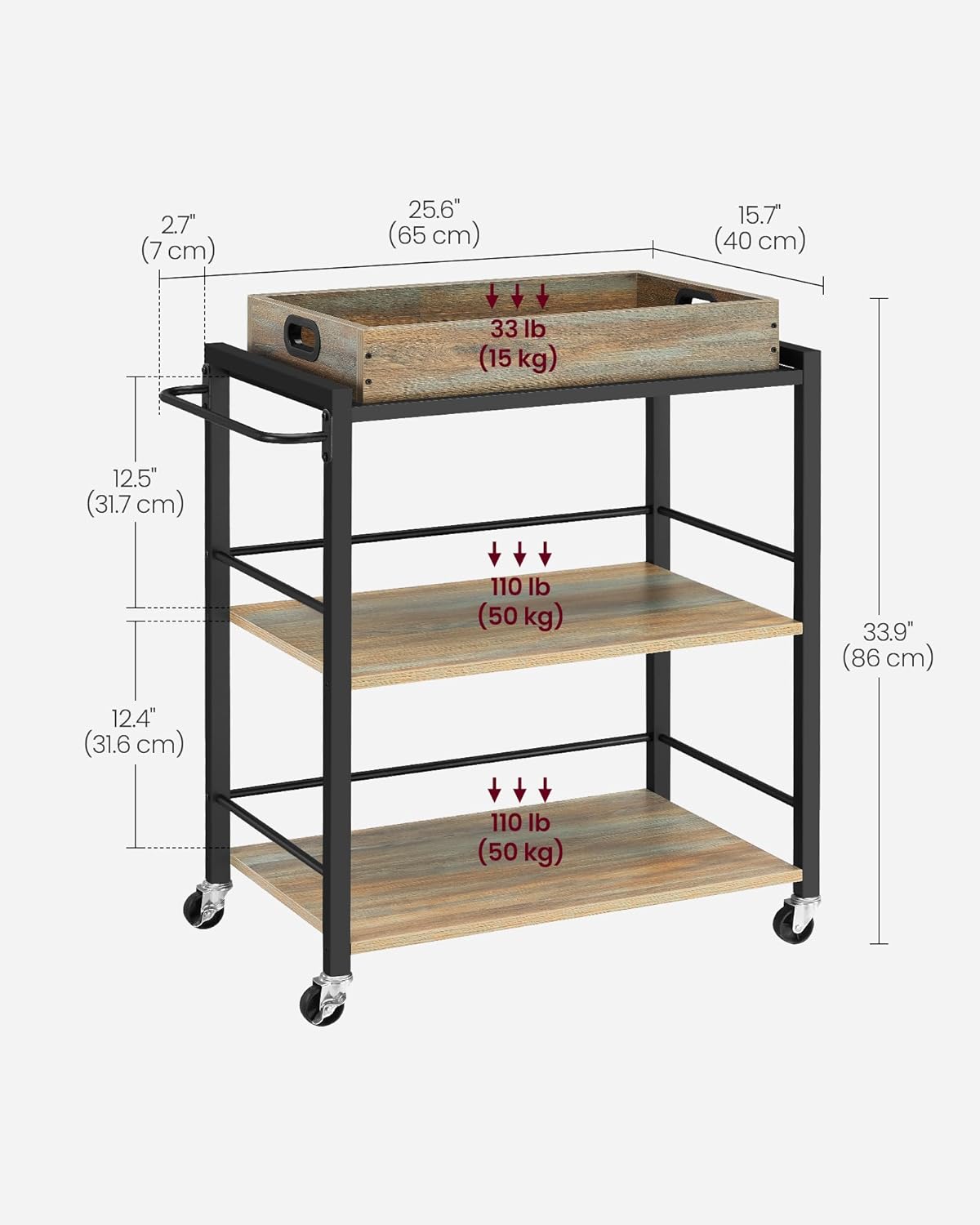 VASAGLE Serving Cart with Removable Tray,