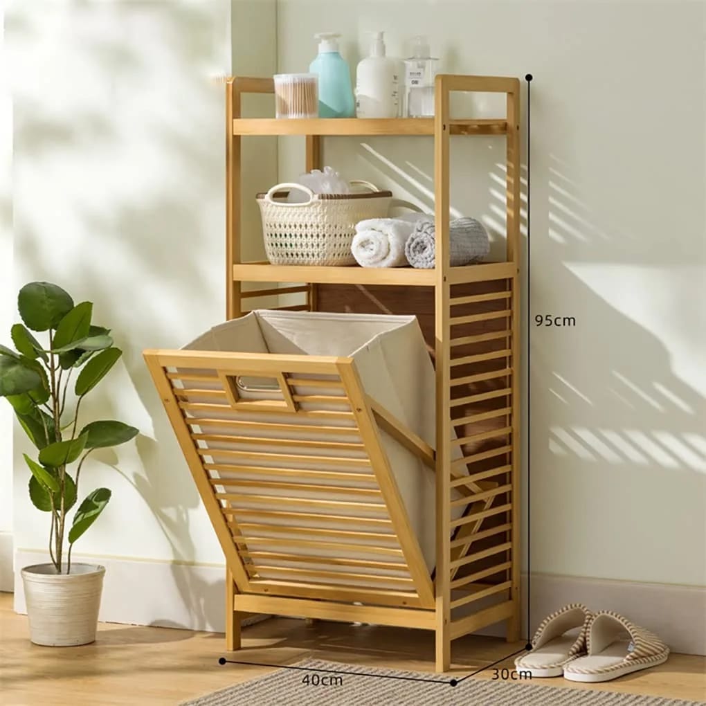 Bamboo Tilting Laundry Cabinet with Basket, Shelves and Handles for Clothes