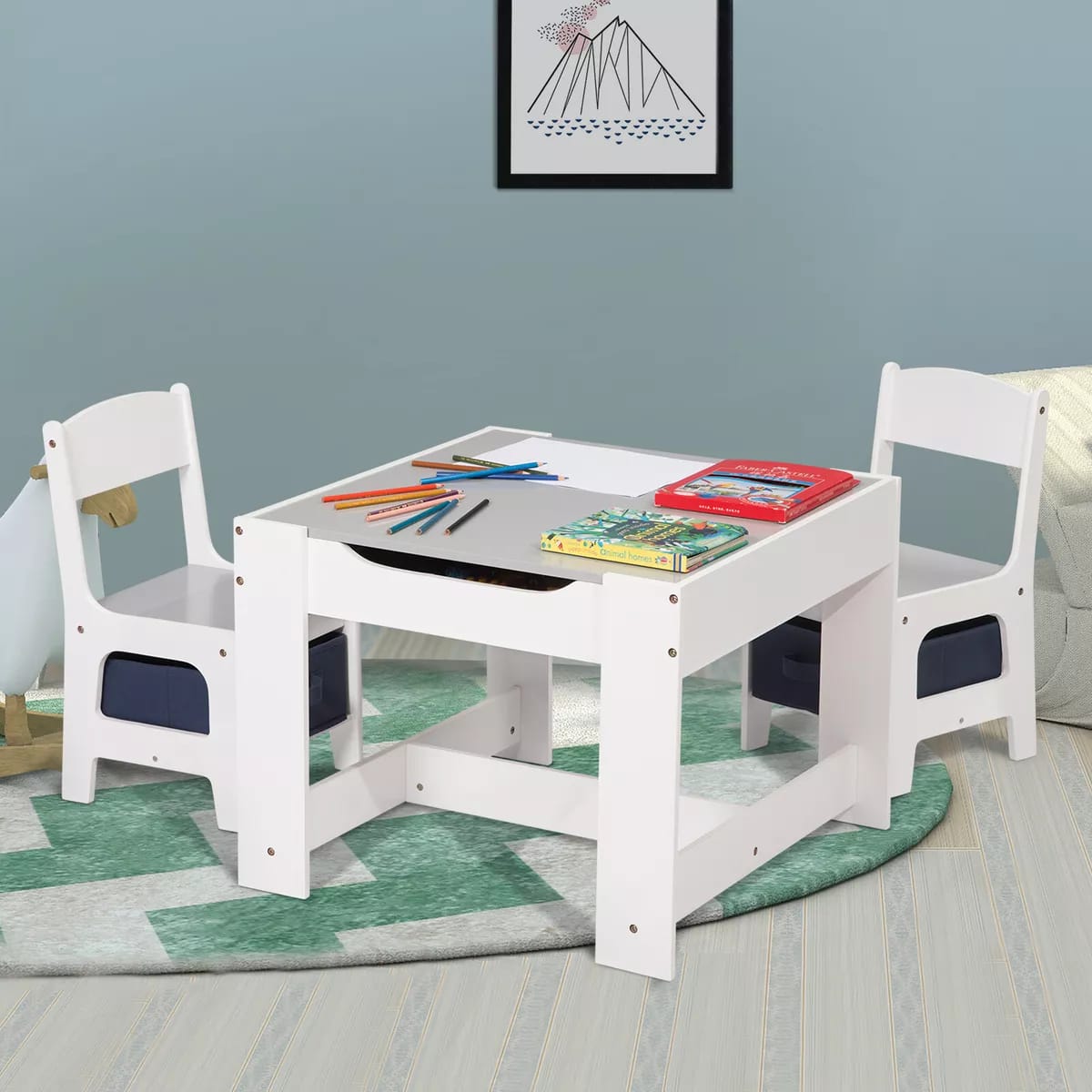 Kids Table and 2 Chairs Furniture with Storage Children Playroom Furniture Set