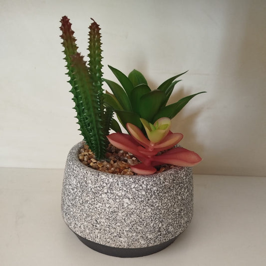 Mixed Artificial Succulent Garden in Two-Tone Speckled Pot