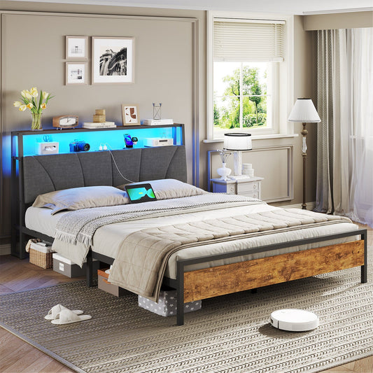 Metal Bed with Charging Function & Linen Headboard