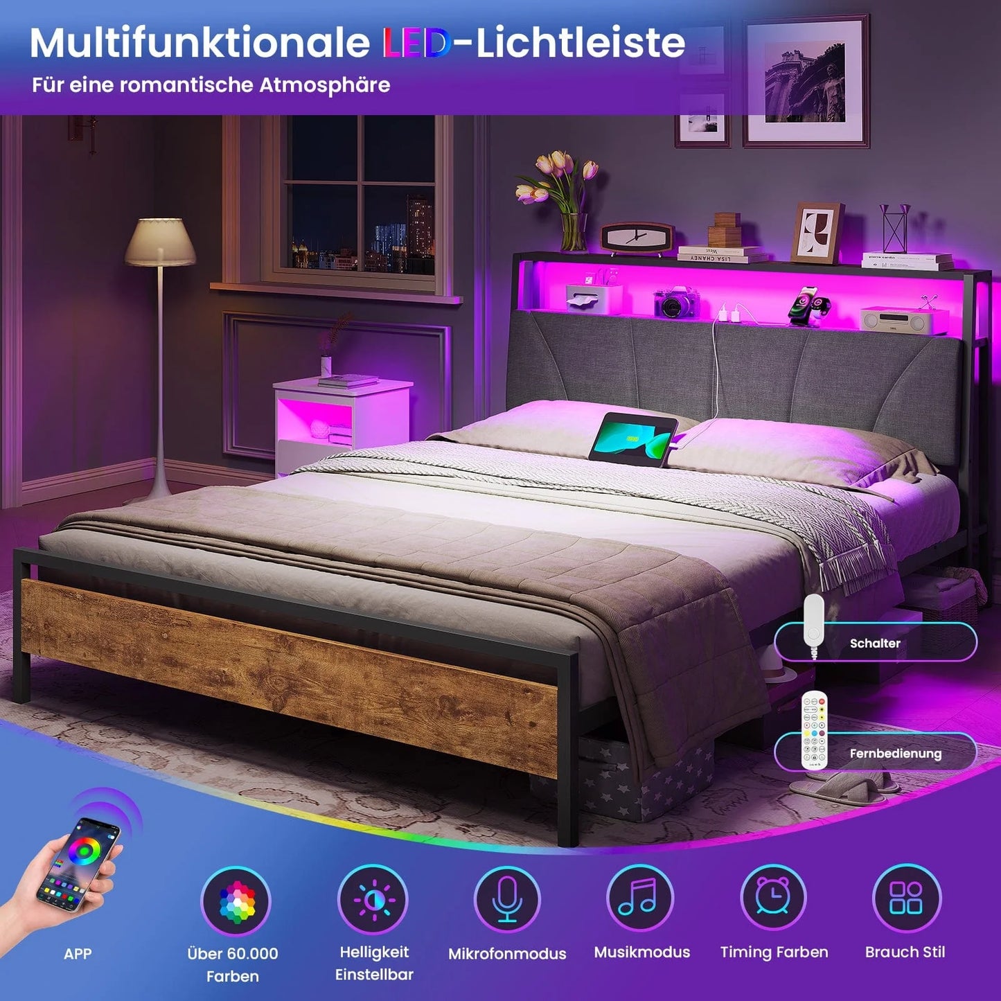 Metal Bed with Charging Function & Linen Headboard