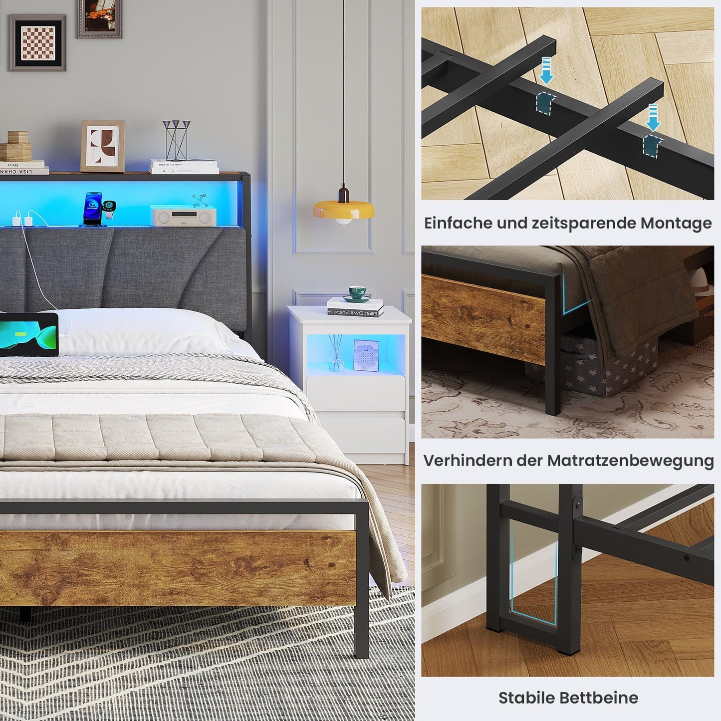 Metal Bed with Charging Function & Linen Headboard