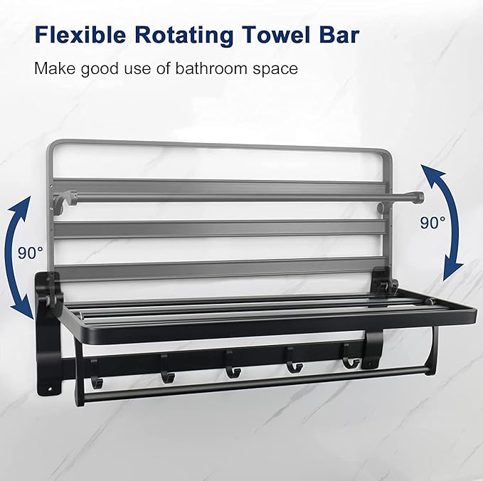 Foldable Double Towel Holder with Towel Bar and 5 Hooks
