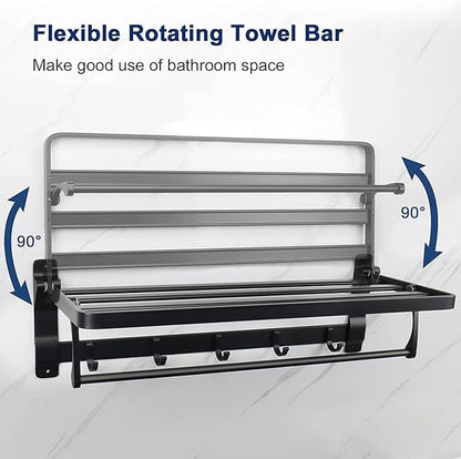 Foldable Double Towel Holder with Towel Bar and 5 Hooks