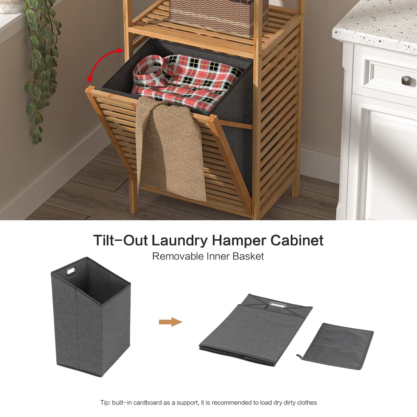 Bamboo Tilting Laundry Cabinet with Basket, Shelves and Handles for Clothes