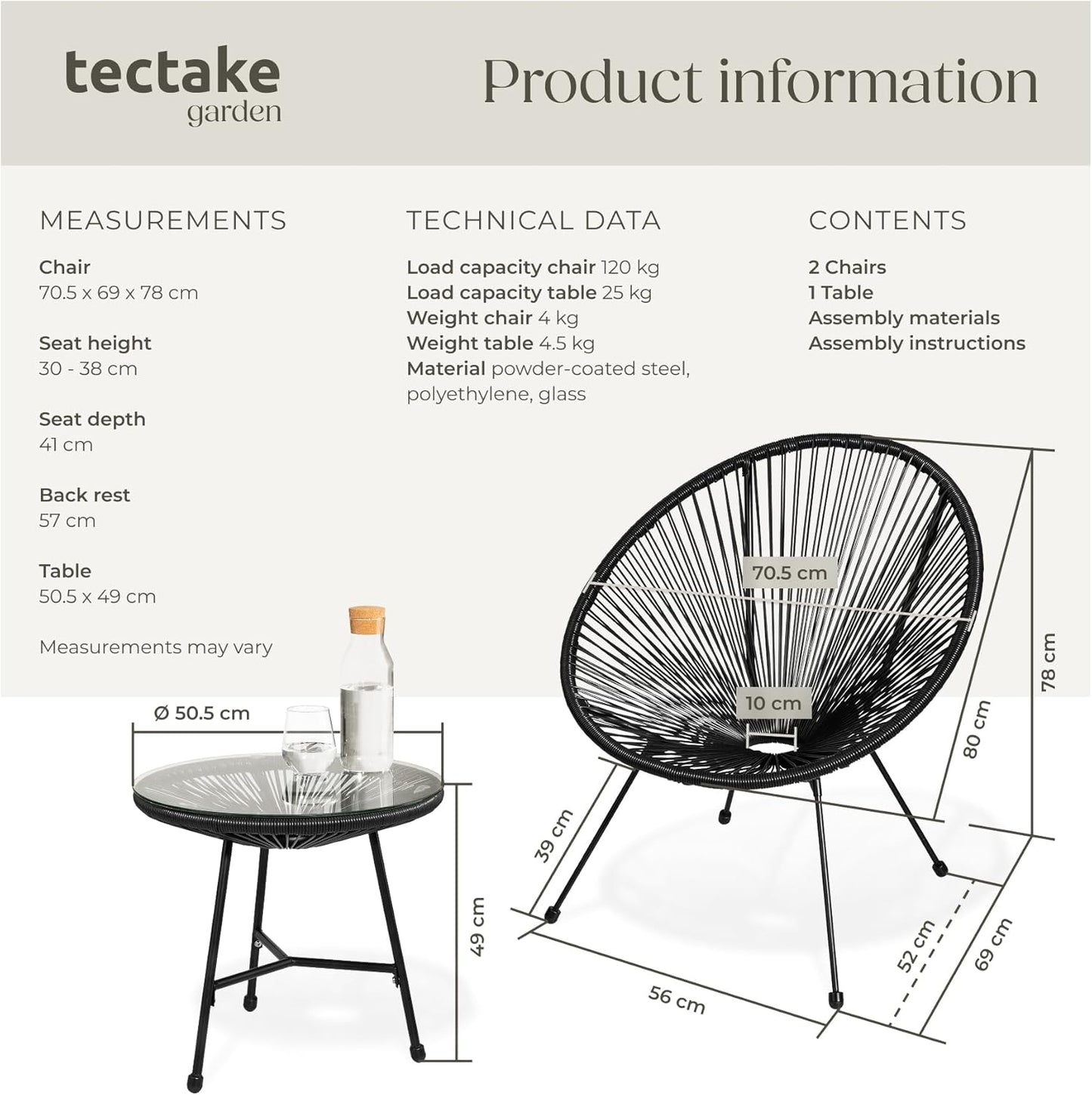 Set of 2 Outdoor Chairs & Glass Coffee Table