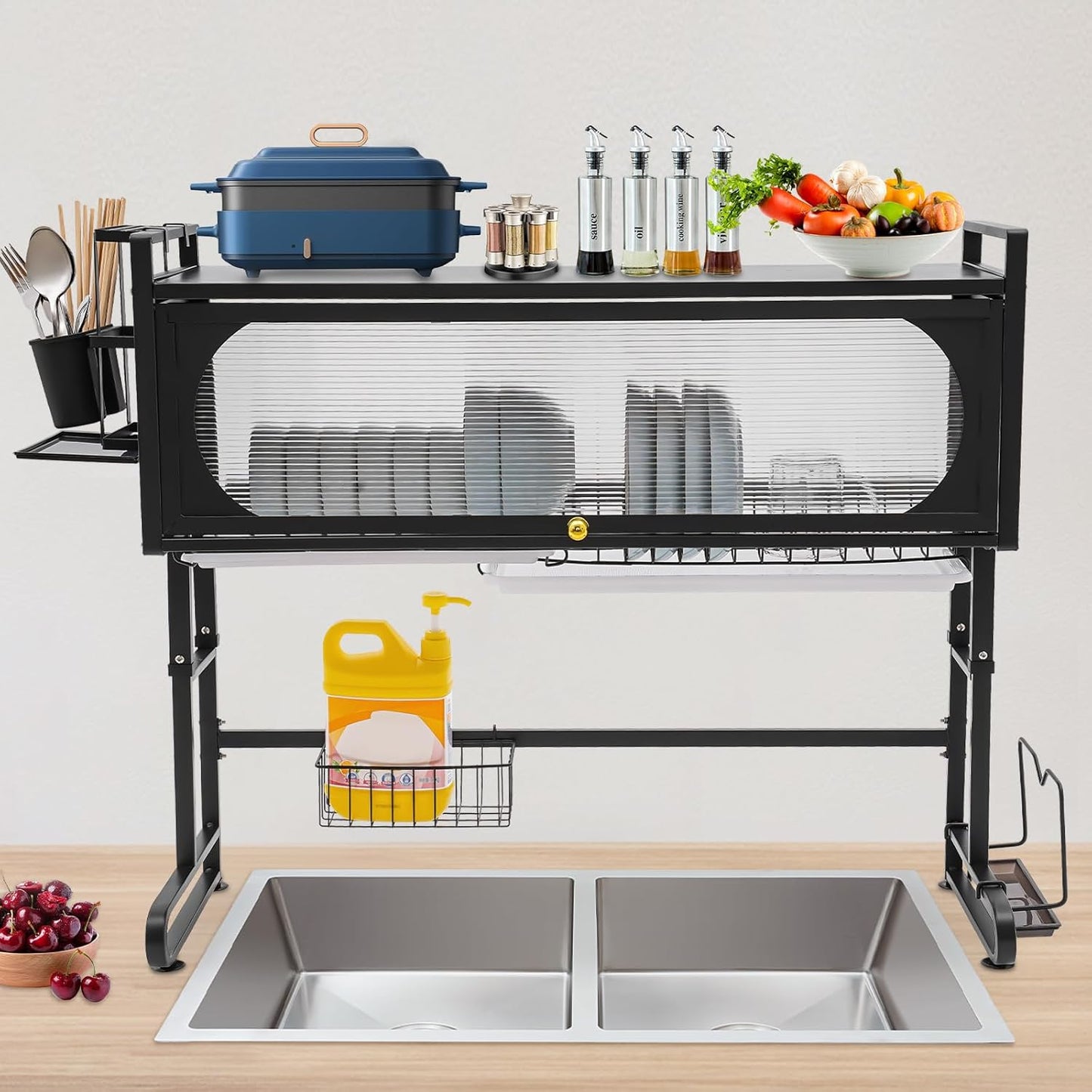 Over Sink Dish Drying Rack with Flip-Type Cabinet Door