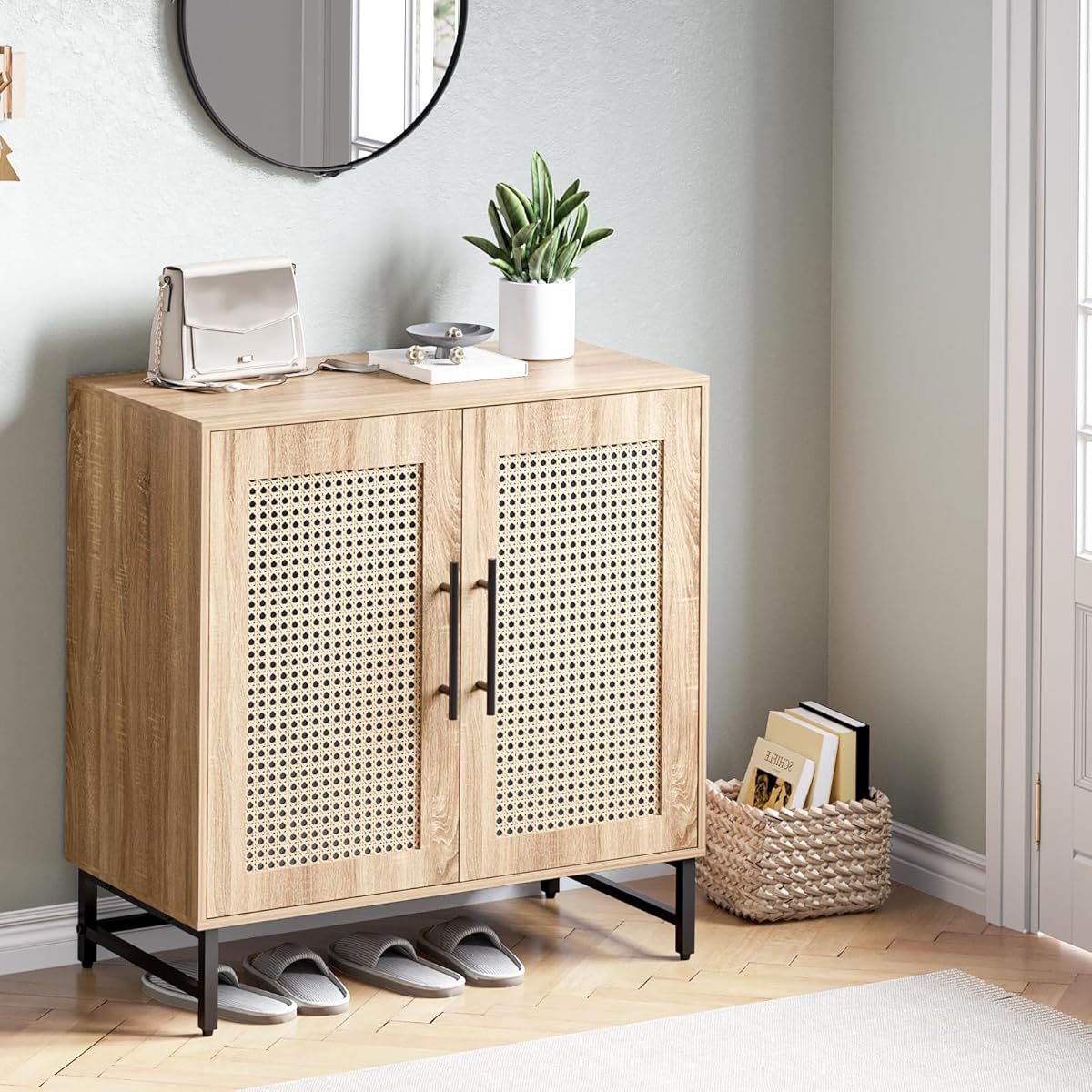 Storage Cabinet with Handmade Natural Rattan Doors