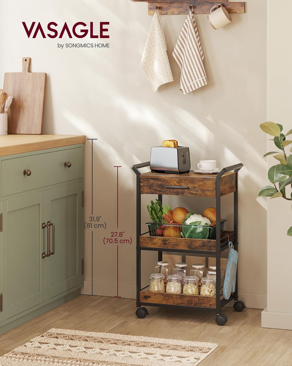 VASAGLE  3-Tier Cart with Table Top