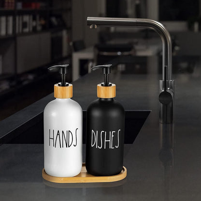 Set Of 2 Soap Dispenser with Bamboo tray