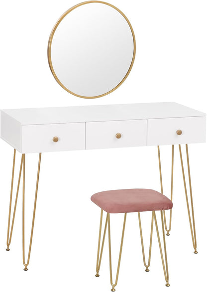 EUGAD White Dressing Table with Velvet Pink Stool