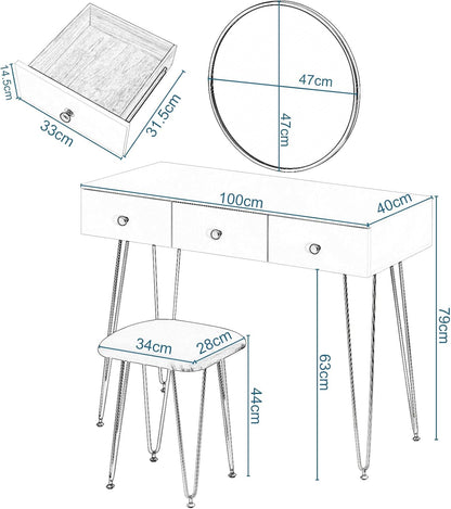 EUGAD White Dressing Table with Velvet Pink Stool