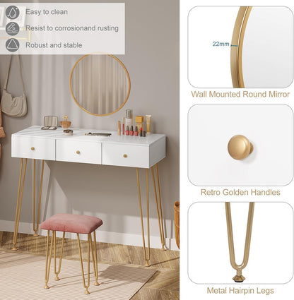 EUGAD White Dressing Table with Velvet Pink Stool
