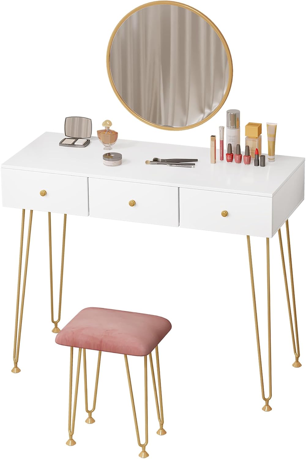EUGAD White Dressing Table with Velvet Pink Stool