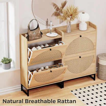 Shoe Cabinet with 2 Handmade Natural Rattan Flip Drawers