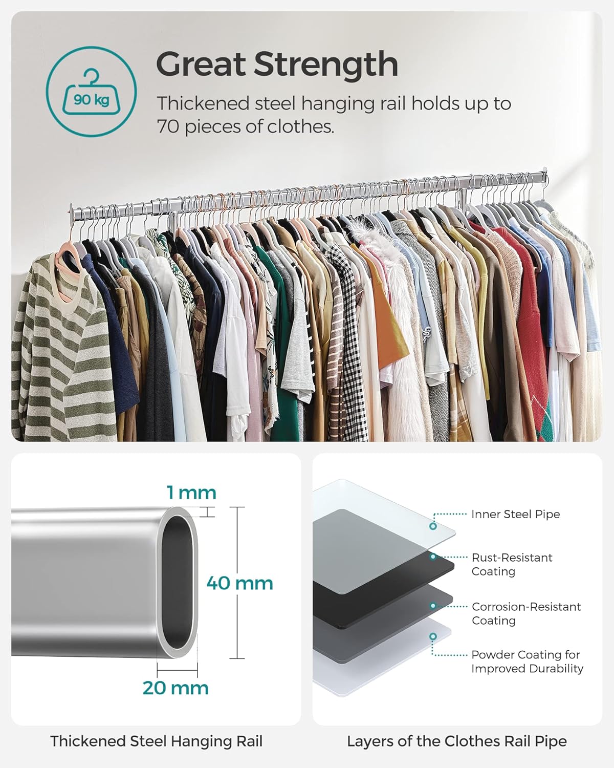SONGMICS Silver Clothes Rack on Wheels