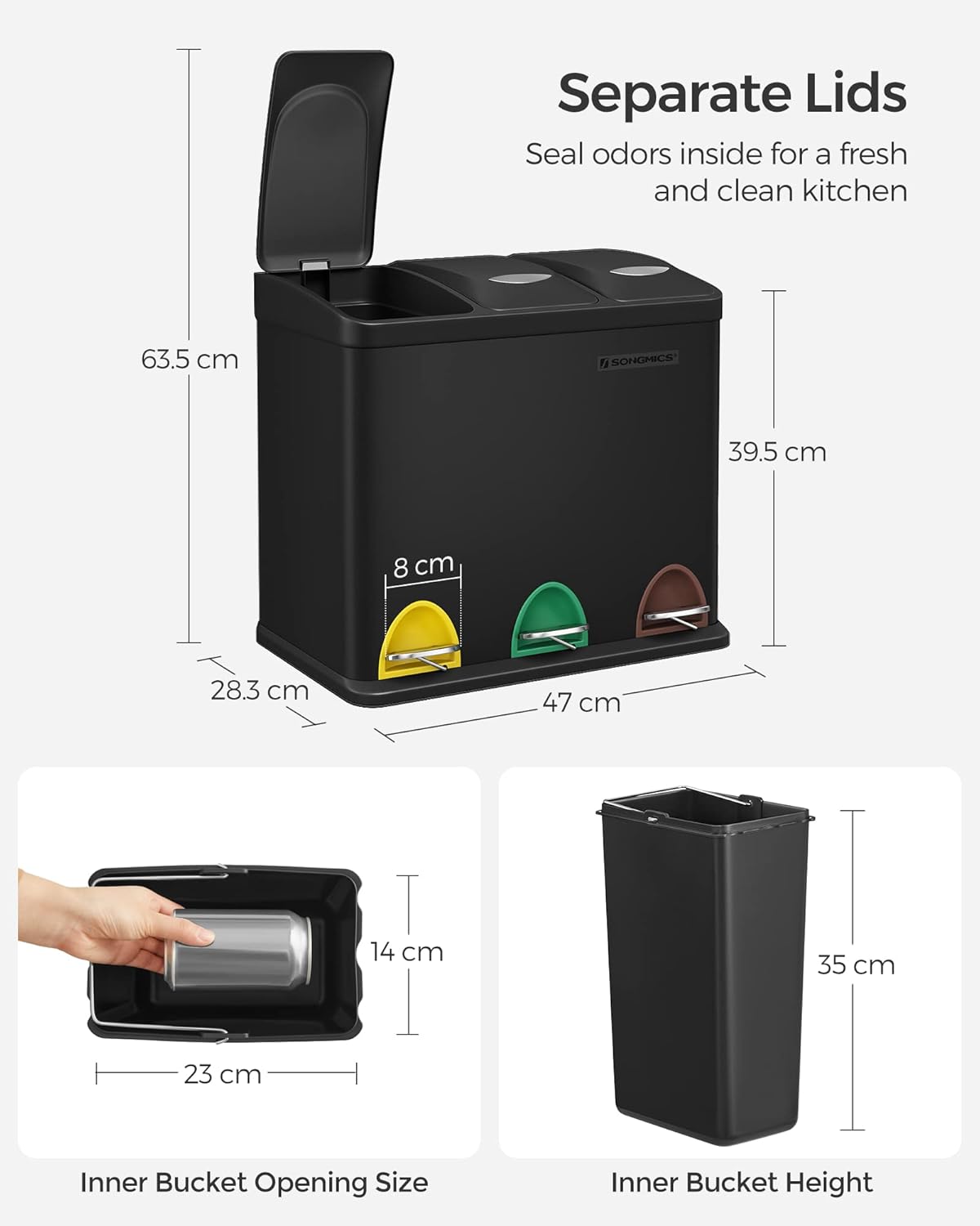 SONGMICS Pedal Bin, 3 Metal Rubbish Bin