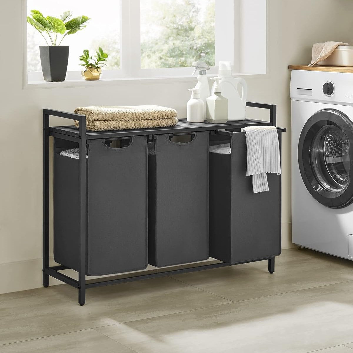 VASAGLE Black Laundry Basket, 3 Compartments 2