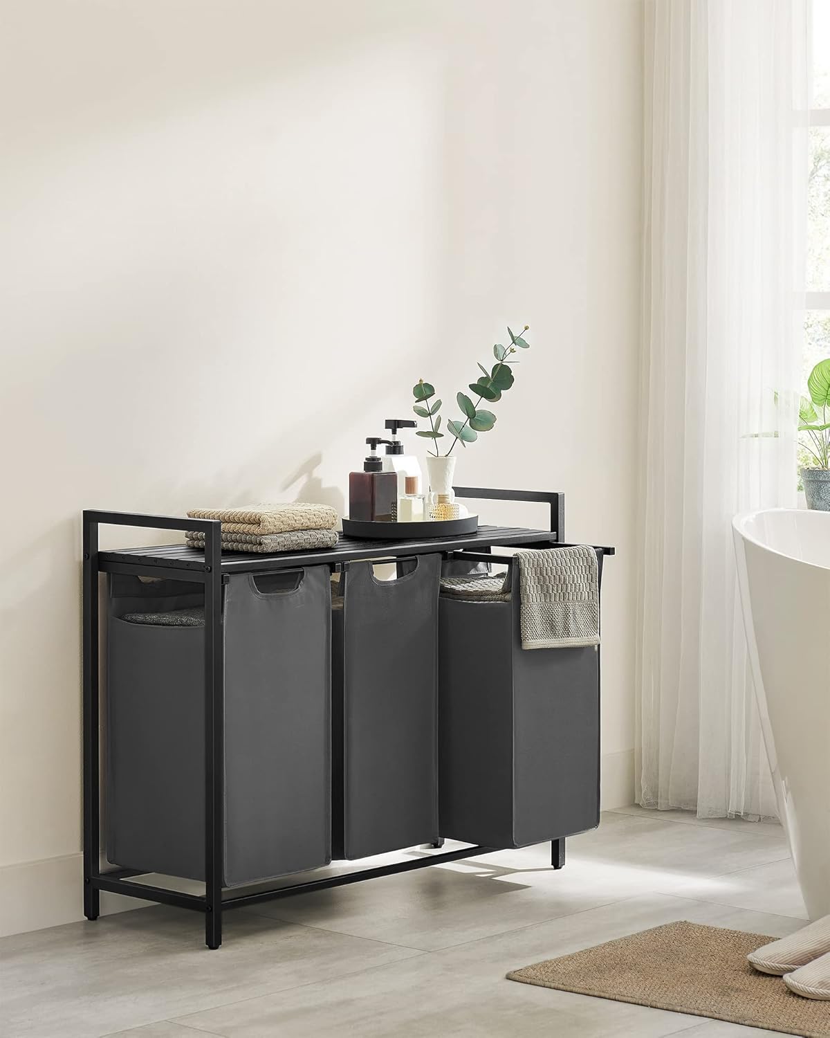 VASAGLE Black Laundry Basket, 3 Compartments 2