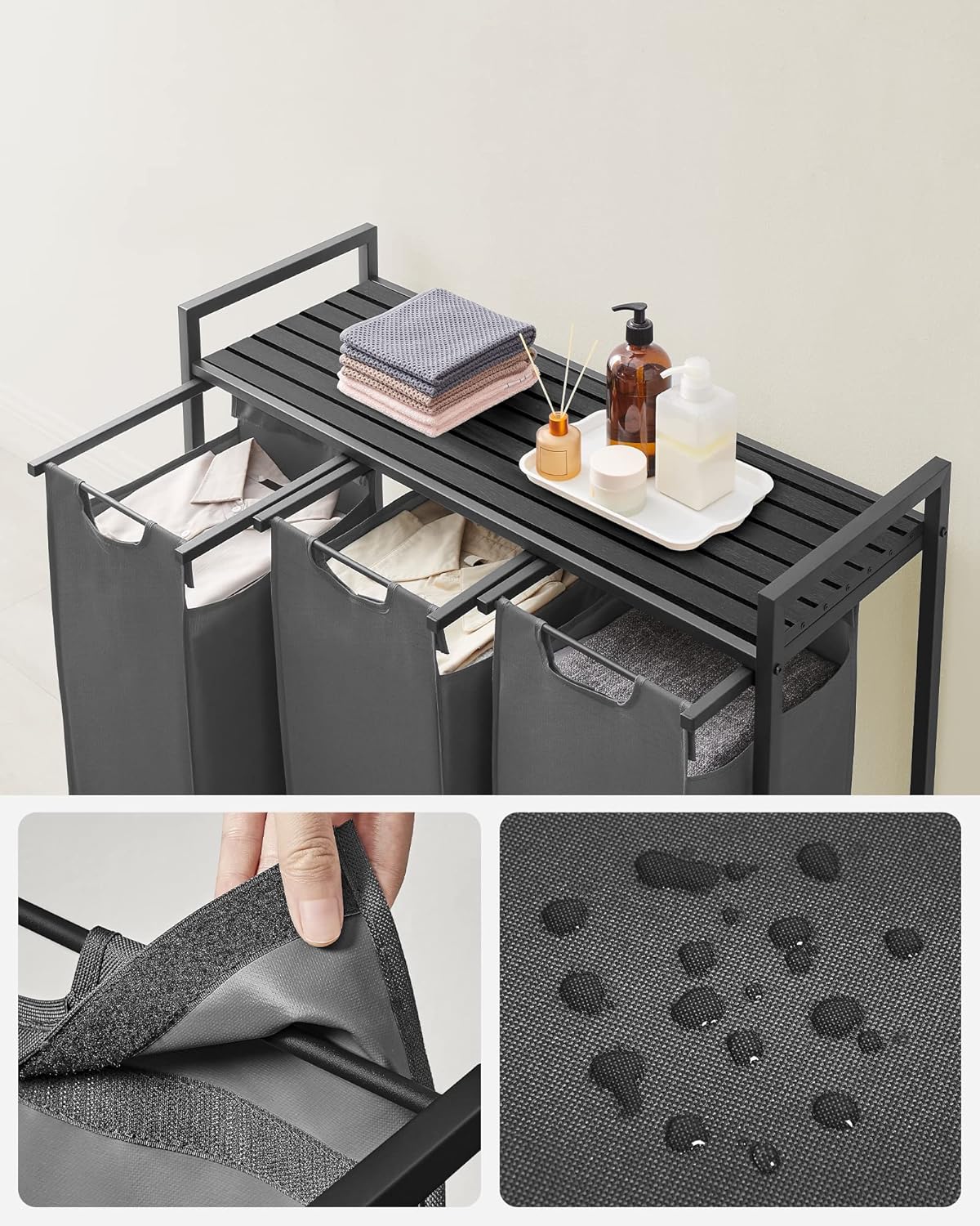 VASAGLE Black Laundry Basket, 3 Compartments 2