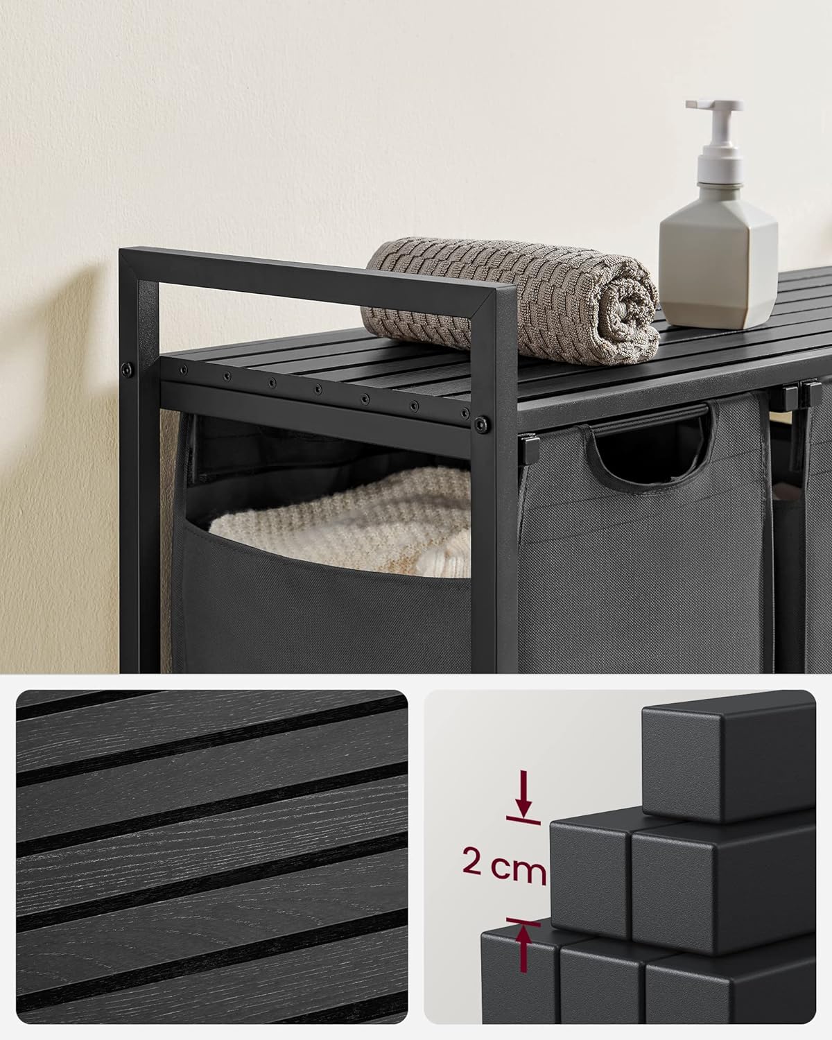 VASAGLE Black Laundry Basket, 3 Compartments 2