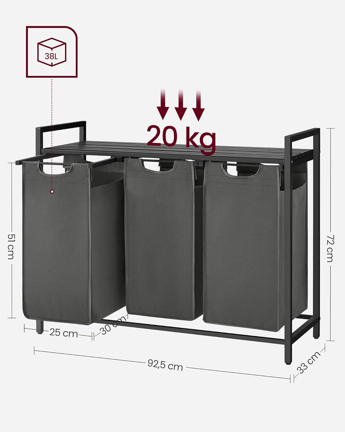 VASAGLE Black Laundry Basket, 3 Compartments 2