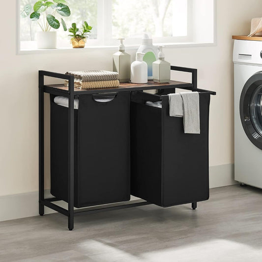 VASAGLE Black Laundry Basket, 2 Compartments