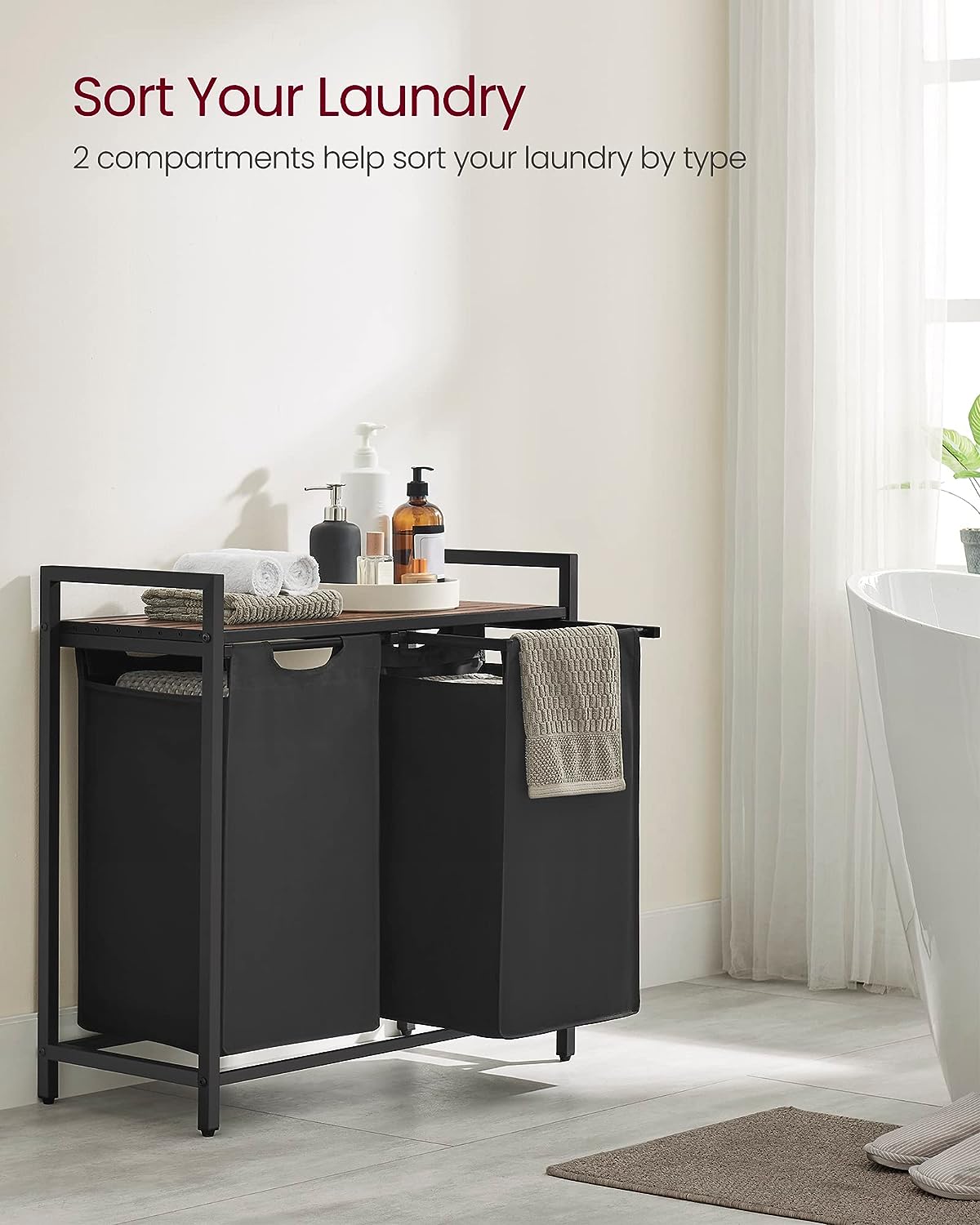 VASAGLE Black Laundry Basket, 2 Compartments
