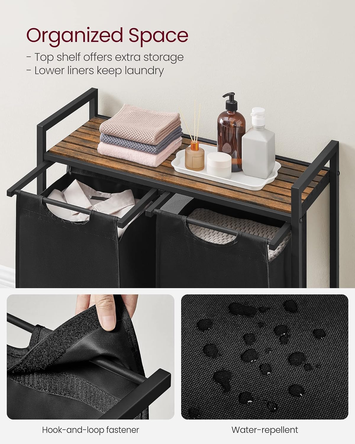 VASAGLE Black Laundry Basket, 2 Compartments